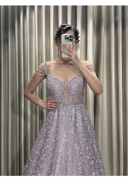 Pudra İp Askılı V Yaka Kolu Taşlı Simli Prenses Abiye Elbise HV668 fiyatları