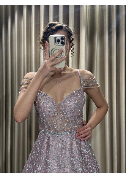 Pudra İp Askılı V Yaka Kolu Taşlı Simli Prenses Abiye Elbise HV668 modelleri