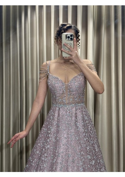 Pudra İp Askılı V Yaka Kolu Taşlı Simli Prenses Abiye Elbise HV668 fırsatları