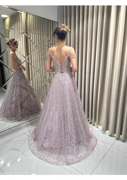 Pudra İp Askılı V Yaka Kolu Taşlı Simli Prenses Abiye Elbise HV668 indirimleri