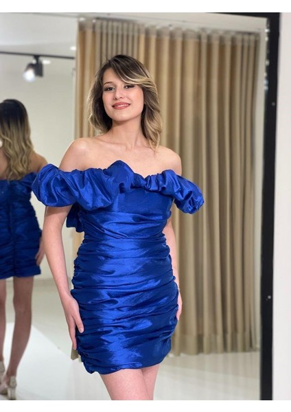 Saks Kayık Yaka Büzgülü Tafta Kumaş Yeni Sezon Abiye Elbise Cm58191 58191 fiyatları
