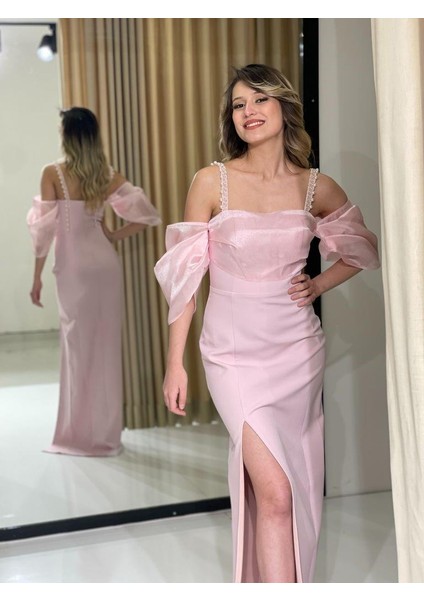 Pudra Balon Kollu Krep İp Askılı Yırtmaç Detaylı Yeni Sezon Abiye Elbise Ht5044 5044