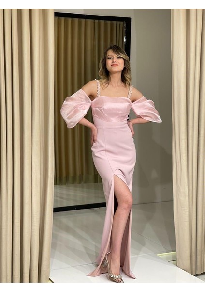 Pudra Balon Kollu Krep İp Askılı Yırtmaç Detaylı Yeni Sezon Abiye Elbise Ht5044 5044 fiyatları
