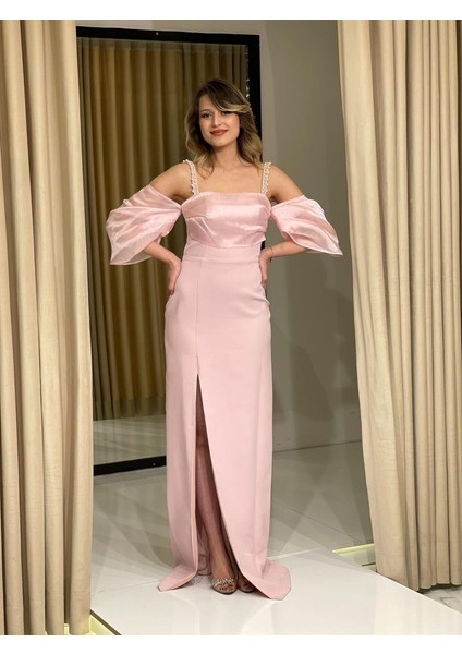 Pudra Balon Kollu Krep İp Askılı Yırtmaç Detaylı Yeni Sezon Abiye Elbise Ht5044 5044 modelleri