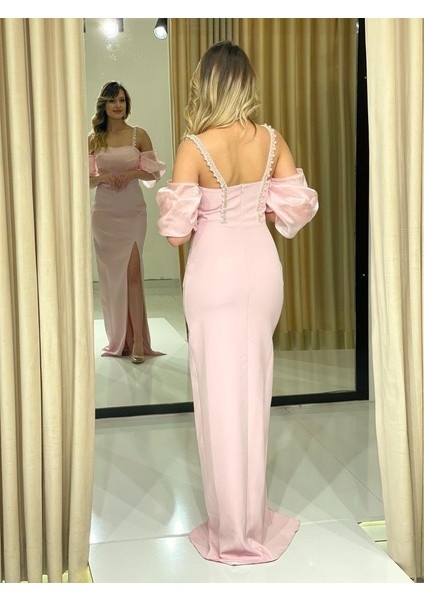 Pudra Balon Kollu Krep İp Askılı Yırtmaç Detaylı Yeni Sezon Abiye Elbise Ht5044 5044 indirimleri