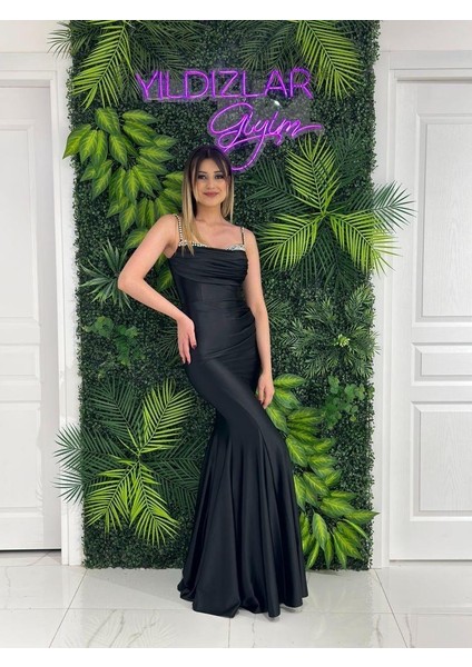 Siyah Yıldızlar Kadın Taş İşlemeli Yeni Sezon Saten Abiye Elbise 5019