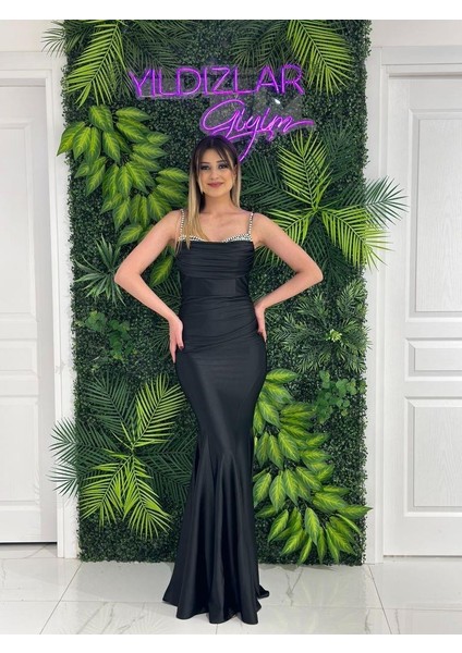 Siyah Yıldızlar Kadın Taş İşlemeli Yeni Sezon Saten Abiye Elbise 5019 fiyatları
