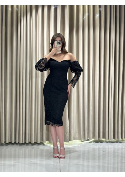 Siyah Midi Boy Üzeri Güpür Detaylı Uzun Kollu Abiye Elbise DS1594