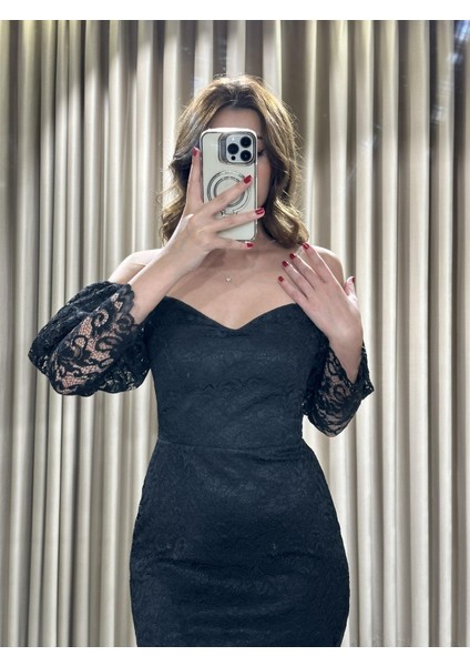 Siyah Midi Boy Üzeri Güpür Detaylı Uzun Kollu Abiye Elbise DS1594 fiyatları