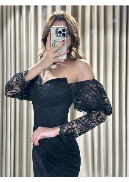 Siyah Midi Boy Üzeri Güpür Detaylı Uzun Kollu Abiye Elbise DS1594 modelleri