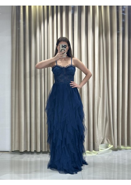 Lacivert İp Askılı Beli Korse Eteği Damla Model Abiye Gs6400 6400