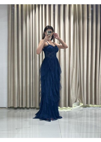 Lacivert İp Askılı Beli Korse Eteği Damla Model Abiye Gs6400 6400 fiyatları