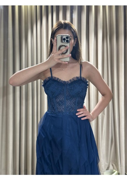 Lacivert İp Askılı Beli Korse Eteği Damla Model Abiye Gs6400 6400 modelleri