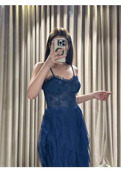 Lacivert İp Askılı Beli Korse Eteği Damla Model Abiye Gs6400 6400 fırsatları