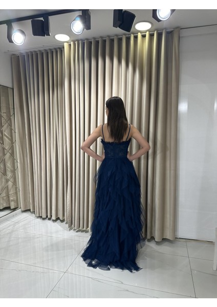 Lacivert İp Askılı Beli Korse Eteği Damla Model Abiye Gs6400 6400 indirimleri