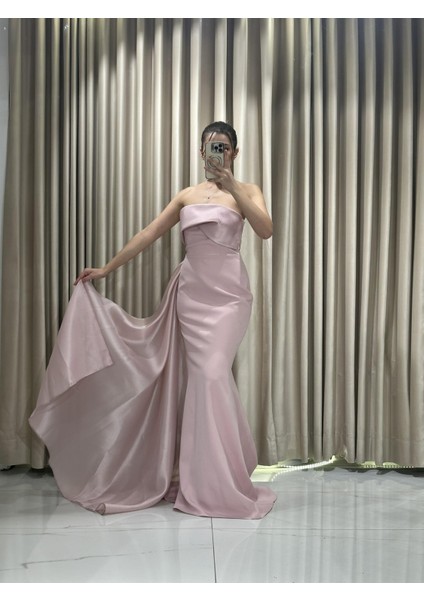 Pudra Straplez Model Pelerinli Balık Model Uzun Abiye Elbise HT5245