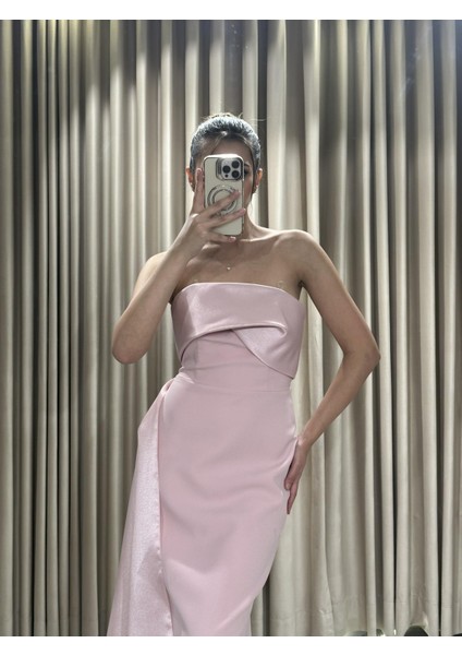 Pudra Straplez Model Pelerinli Balık Model Uzun Abiye Elbise HT5245 modelleri