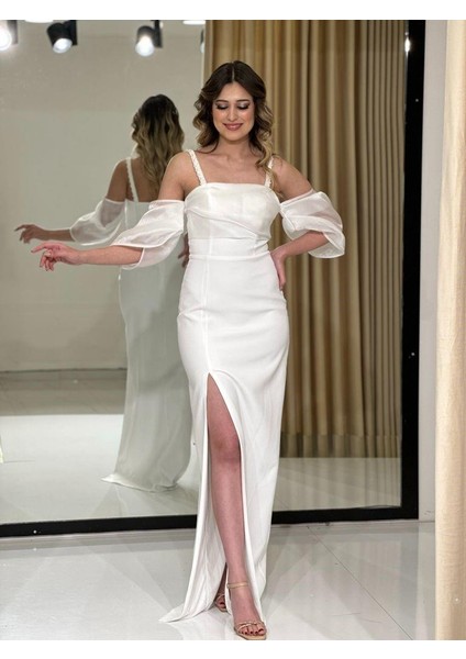 Beyaz Balon Kollu Krep İp Askılı Yırtmaç Detaylı Yeni Sezon Abiye Elbise Ht5044 5044 modelleri