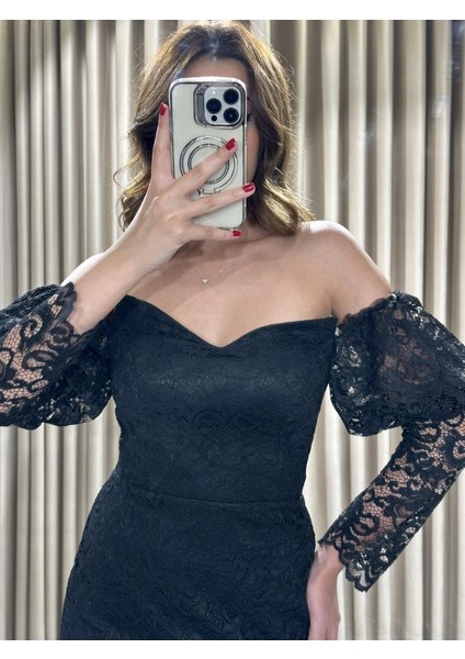 Siyah Midi Boy Üzeri Güpür Detaylı Uzun Kollu Abiye Elbise DS1594 fırsatları