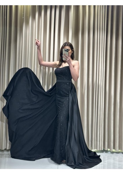 Siyah Taş İşlemeli Straplez Pelerin Detaylı Abiye Elbise 8205 modelleri