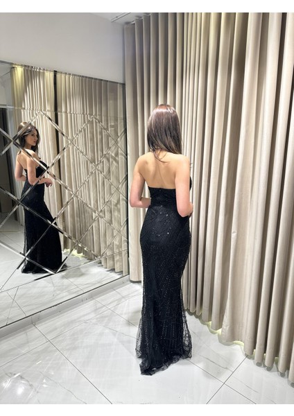 Siyah Taş İşlemeli Straplez Pelerin Detaylı Abiye Elbise 8205 fırsatları