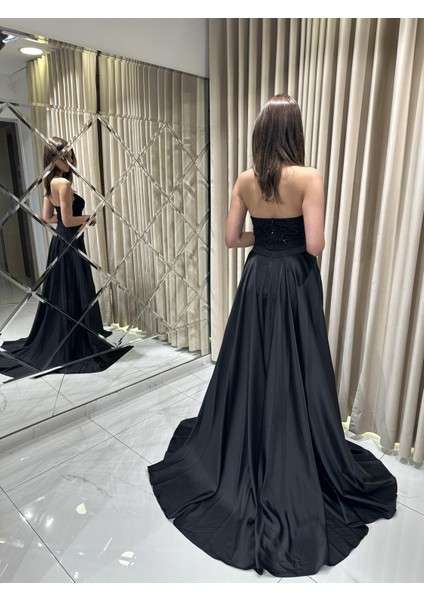 Siyah Taş İşlemeli Straplez Pelerin Detaylı Abiye Elbise 8205 indirimleri