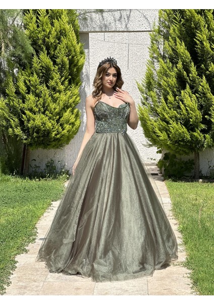HAKİ Straplez Üzeri Taş İşlemeli Prenses Abiye Elbise 4002