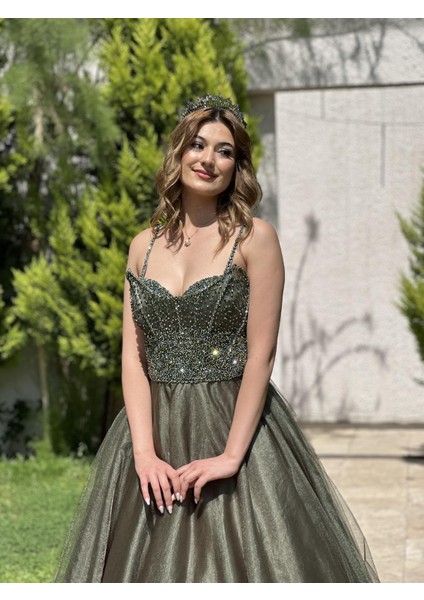 HAKİ Straplez Üzeri Taş İşlemeli Prenses Abiye Elbise 4002 fiyatları
