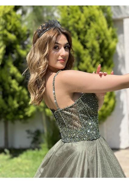 HAKİ Straplez Üzeri Taş İşlemeli Prenses Abiye Elbise 4002 modelleri