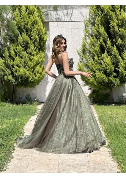 HAKİ Straplez Üzeri Taş İşlemeli Prenses Abiye Elbise 4002 fırsatları