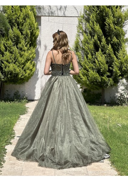 HAKİ Straplez Üzeri Taş İşlemeli Prenses Abiye Elbise 4002 indirimleri