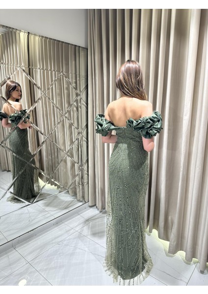Haki Kayık Yaka Boncuk Işlemeli Balık Model Abiye Elbise 5417