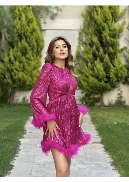 Uzun Kol Pul Payetli Oltrişli Mini Abiye Elbise 5252