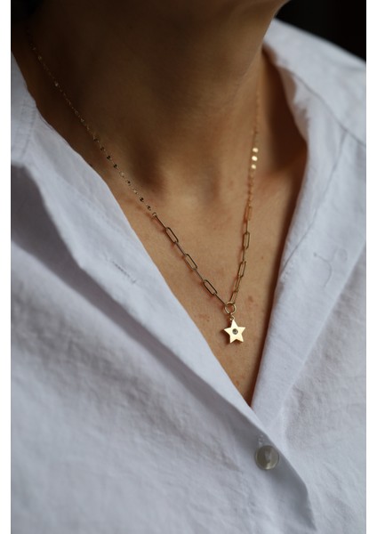 14 Ayar Altın Aynalı ve Ataç Zincirde Yıldız Kolye 2