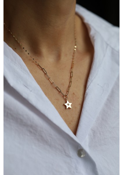 14 Ayar Altın Aynalı ve Ataç Zincirde Yıldız Kolye 2 modelleri