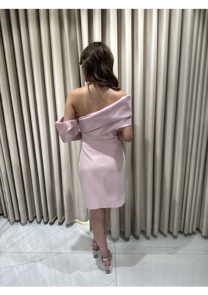 Pudra Mini Boy Balon Kol Detaylı Önü Detaylı Abiye Elbise HT8413 indirimleri