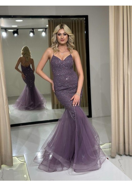 Lavanta İp Askılı Sırt Dekorteli Desenli Balık Yeni Sezon Abiye Elbise Fn7269 7269