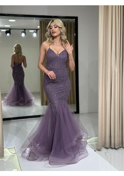 Lavanta İp Askılı Sırt Dekorteli Desenli Balık Yeni Sezon Abiye Elbise Fn7269 7269 fiyatları