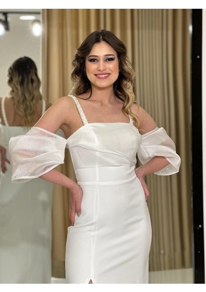 Balon Kollu Krep Ip Askılı Yırtmaç Detaylı Yeni Sezon Abiye Elbise HT5044 5044 fiyatları