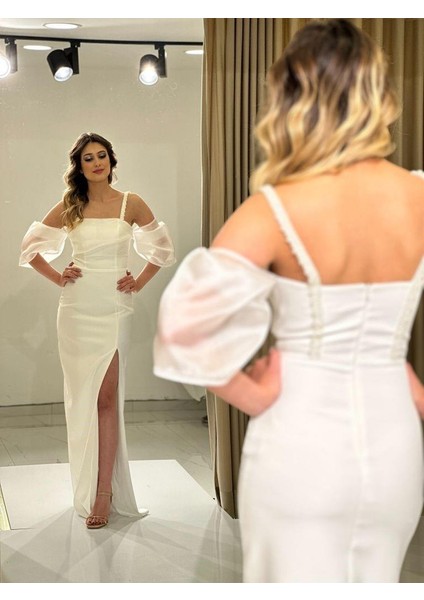Balon Kollu Krep Ip Askılı Yırtmaç Detaylı Yeni Sezon Abiye Elbise HT5044 5044 fırsatları