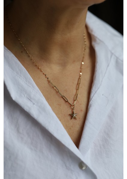 14 Ayar Altın Aynalı ve Ataç Zincirde Yıldız Kolye