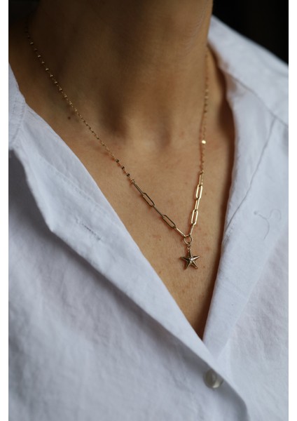 14 Ayar Altın Aynalı ve Ataç Zincirde Yıldız Kolye modelleri