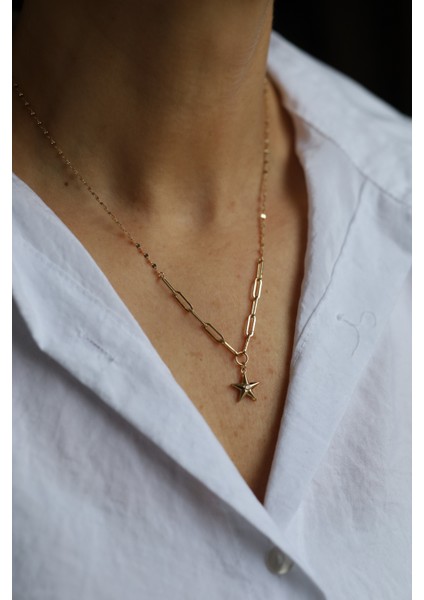 14 Ayar Altın Aynalı ve Ataç Zincirde Yıldız Kolye fırsatları