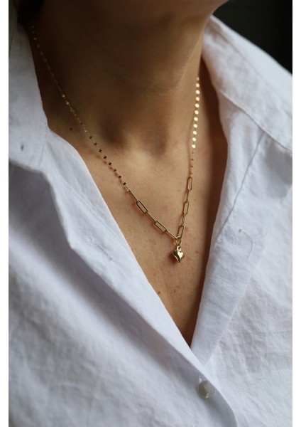 14 Ayar Altın Aynalı ve Ataç Zincirde Kalp Kolye