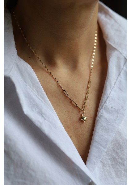 14 Ayar Altın Aynalı ve Ataç Zincirde Kalp Kolye modelleri