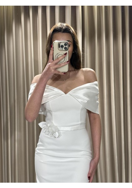 Beyaz Midi Boy Balık Yakası Fiyonk Önü Detaylı Abiye Elbise HT8404 modelleri