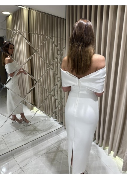 Beyaz Midi Boy Balık Yakası Fiyonk Önü Detaylı Abiye Elbise HT8404 indirimleri
