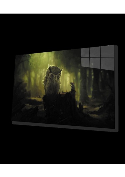 - Baykuş Fare Orman Gece Yeşil Cam Tablo