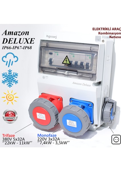 Amazon Deluxe IP66-IP67-IP68, Trifaze Elektrikli Araç Kombinasyon Kutusu, Tesla Blue Adaptöre Uyumlu, 5X32A + 3X32A + 1X16A - 5 Yıl Garanti