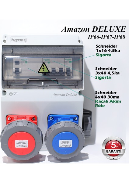 Amazon Deluxe IP66-IP67-IP68, Trifaze Elektrikli Araç Kombinasyon Kutusu, Tesla Blue Adaptöre Uyumlu, 5X32A + 3X32A + 1X16A - 5 Yıl Garanti